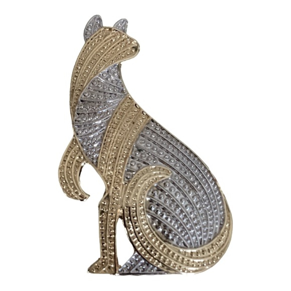 JJ Jonette Gold And Silver Tone Bead Embossed Egyptian Style Cat Brooch Pin EUC